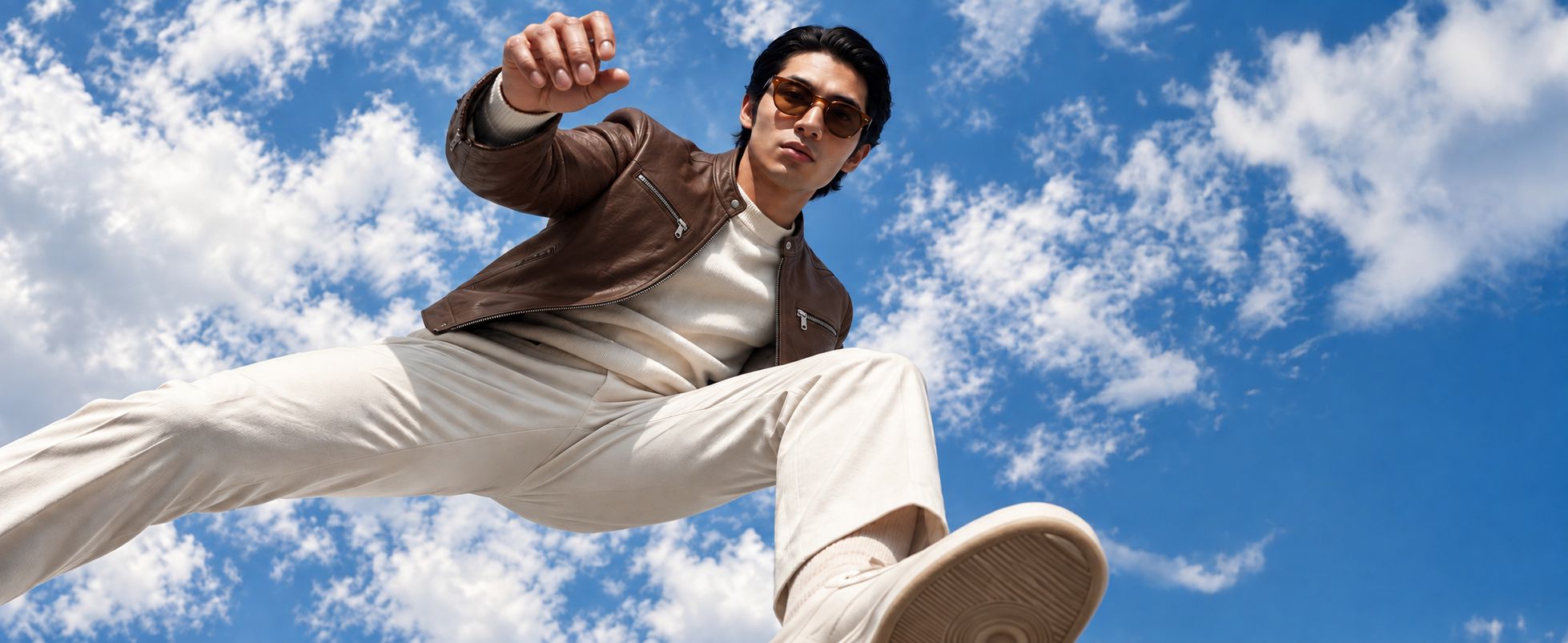 Model in a brown leather jacket and cream trousers leaping against a blue sky